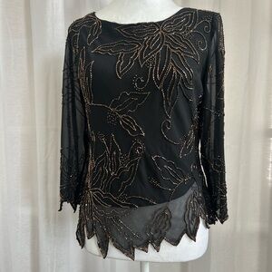 J Kara Black Sheer Beaded Floral Evening Top